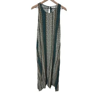 Natural Life Maxi Dress Floral Stripe Boho Keyhole Button Back L/XL Cottage